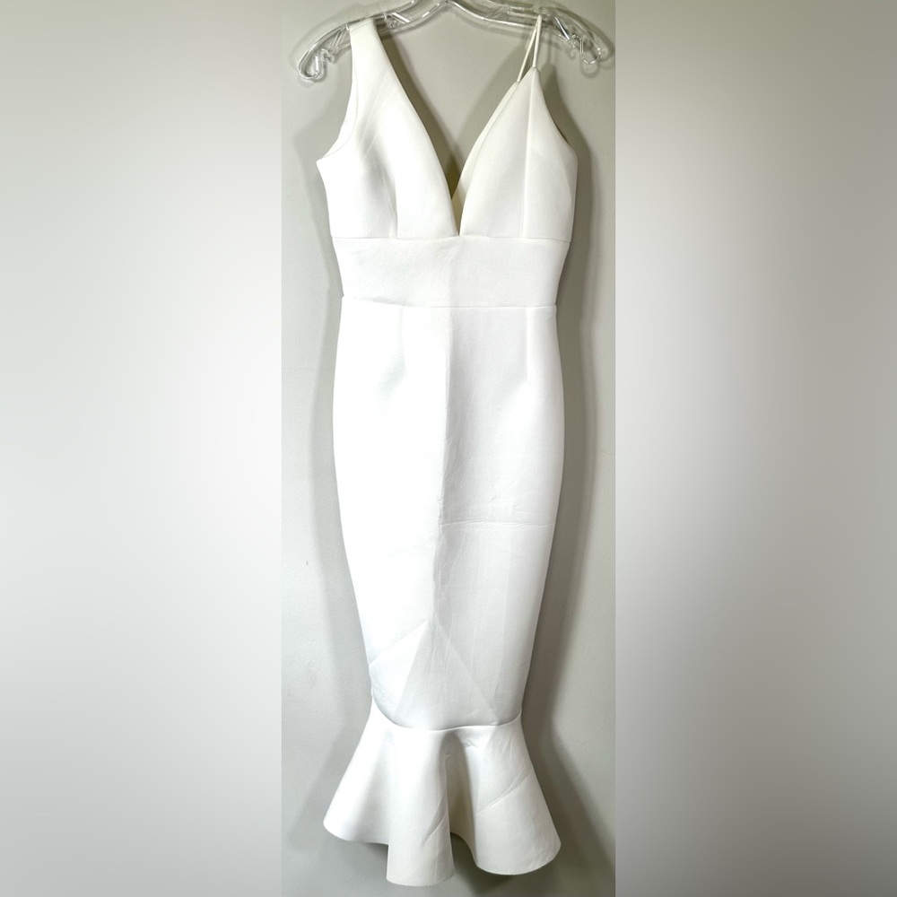 Plunge Asymmetrical Cami Ruffle Scuba Midi Dress